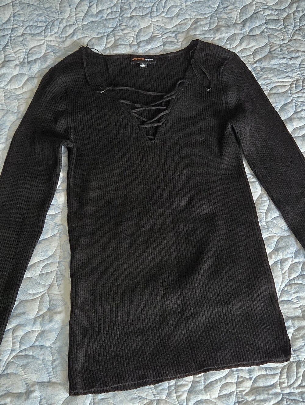 Black Ribbed Lace-Up V-Neck Long Sleeve Top